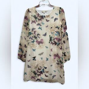 Yumi Floral Butterfly Print Long Sleeve Shift Dress S